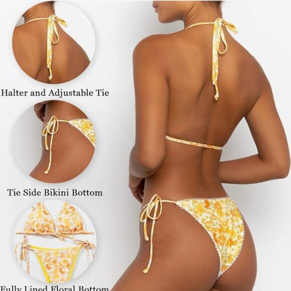 Yellow floral Triangle Bathing Suit‎ Tie String Thong size small - Picture 2 of 3